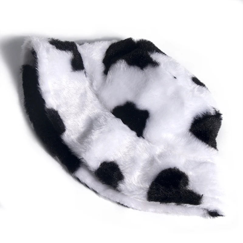 HUOBAO New Fashion Black White Cow Pattern Plush Thickened Warm Bucket Hats For Women Ladies