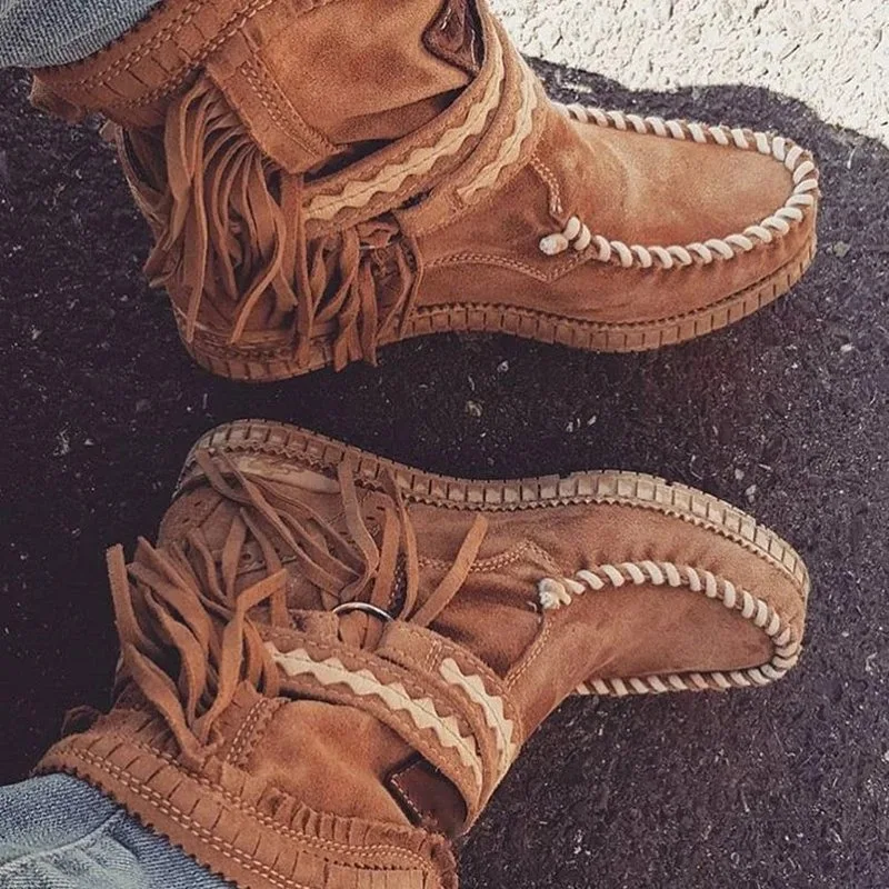 Fringe Middle Boots Women Sexy Tassel Boots Fashion Buckle Motorcycle Boots Flat Heel Boot Women Cowboy Style Bota Feminina