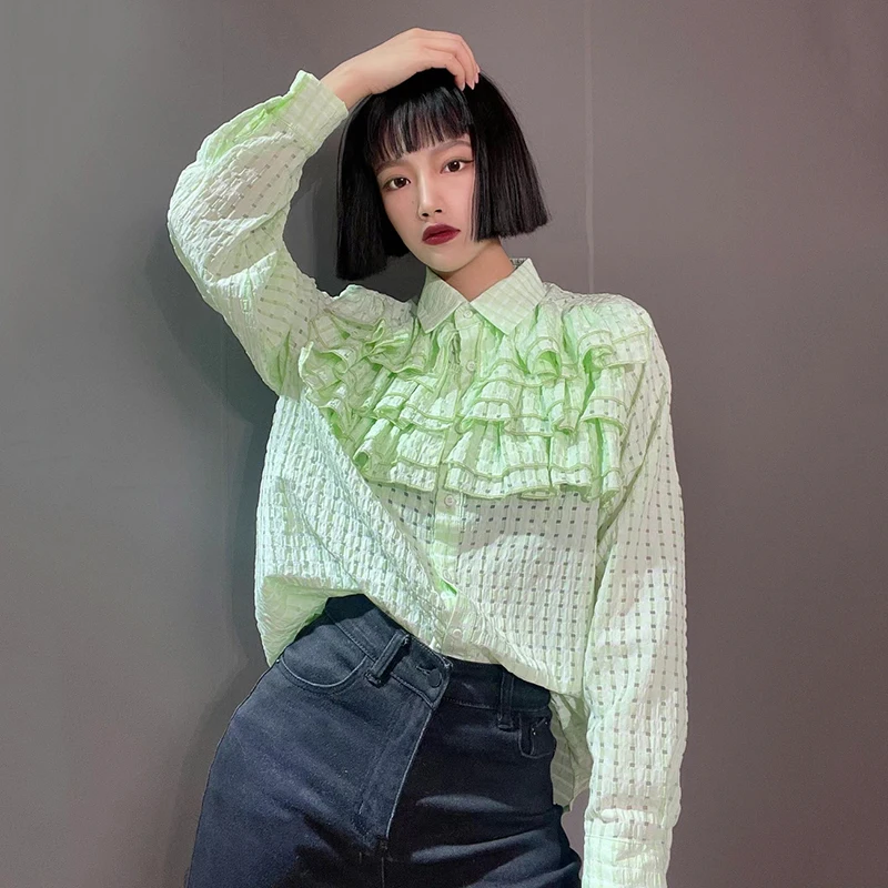 

CHICEVER Green Plaid Shirts For Women Lapel Long Sleeve Ruffles Button Minimalist Blouses Female Clothes 2021 Fashion Spring New