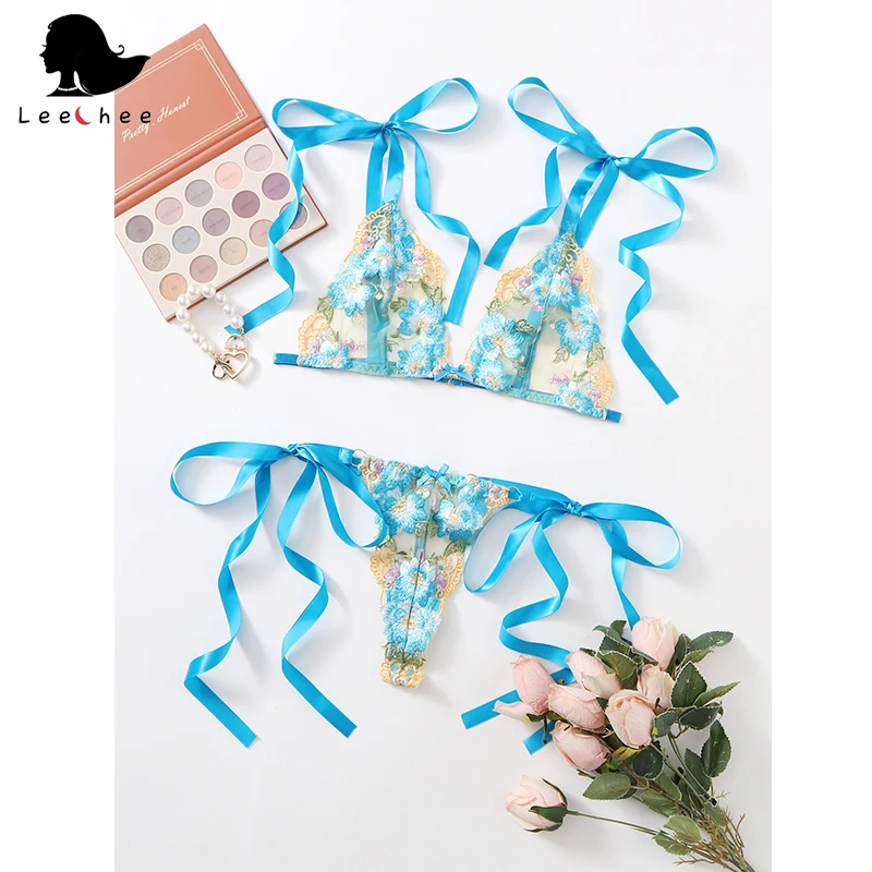 Комплект женского кружевного нижнего белья Leechee прозрачный сетчатый бюстгальтер