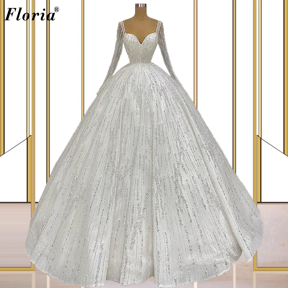 

Vestido De Noiva Luxury Long Sleeves Wedding Dresses For Women Sweetheart Chapel Wedding Gowns Glitter Brides Dresses 2021