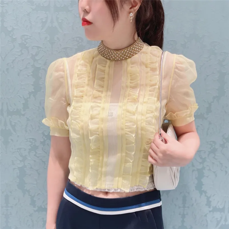

Summer Runway Tops Women 2021 Korean Fashion Crystal Stand Collar Short Sleeve Chifofn Blouses Womens Blusas Mujer