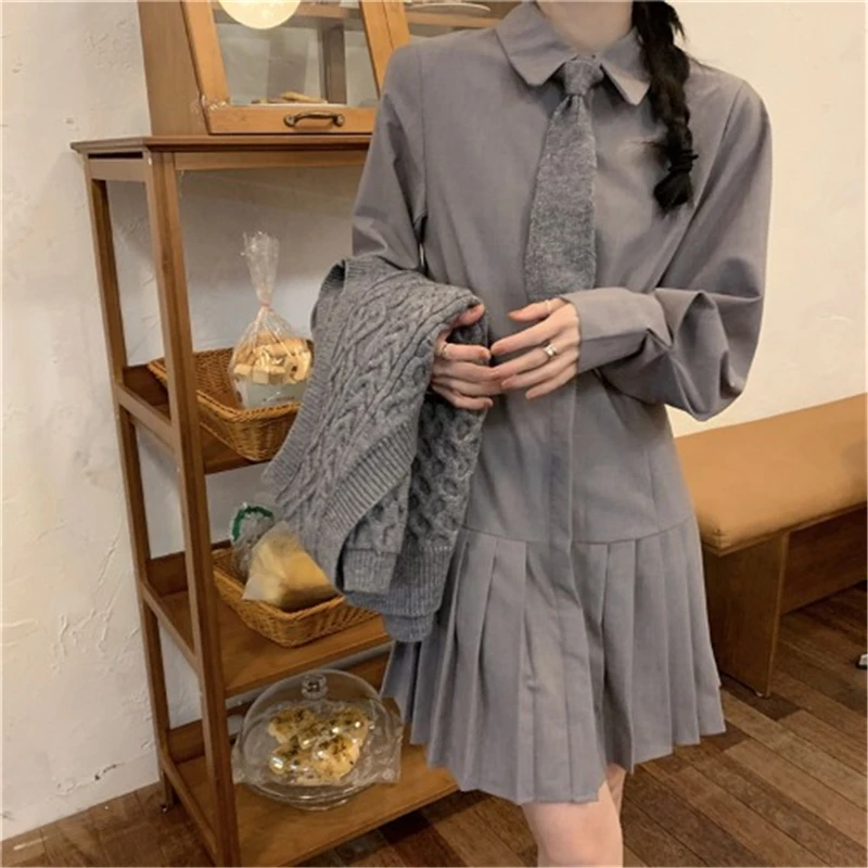 

New Spring Autumn Fashion Casual Pleated Skirt Women Dress Notched Solid Long Sleeve Slim Ladies Mini Dress Female Y110