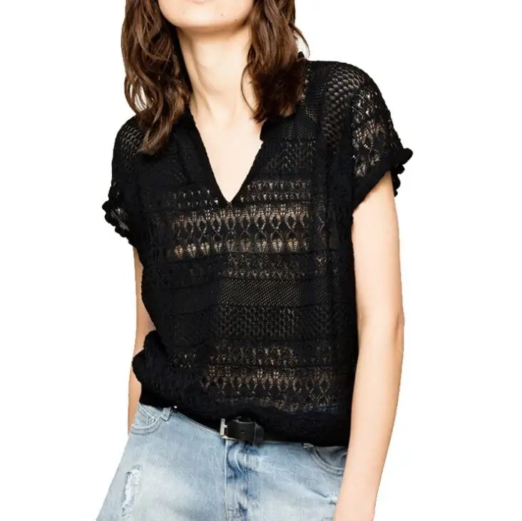 

Chich Sexy French Romantic Girl Hollow Out Short Sleeve Women's kintted T Shirt