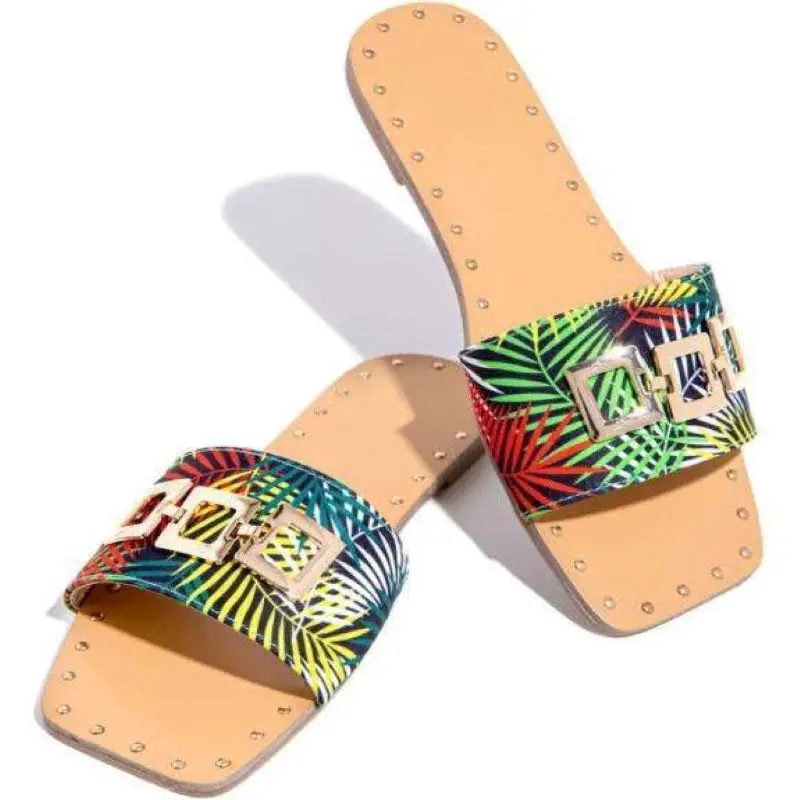 

2021 Summer New Women's Sandals Flat Open Toe Outdoor Metal Decoration Slippers Fashion Buckle Beach Shoes Plus Size 42