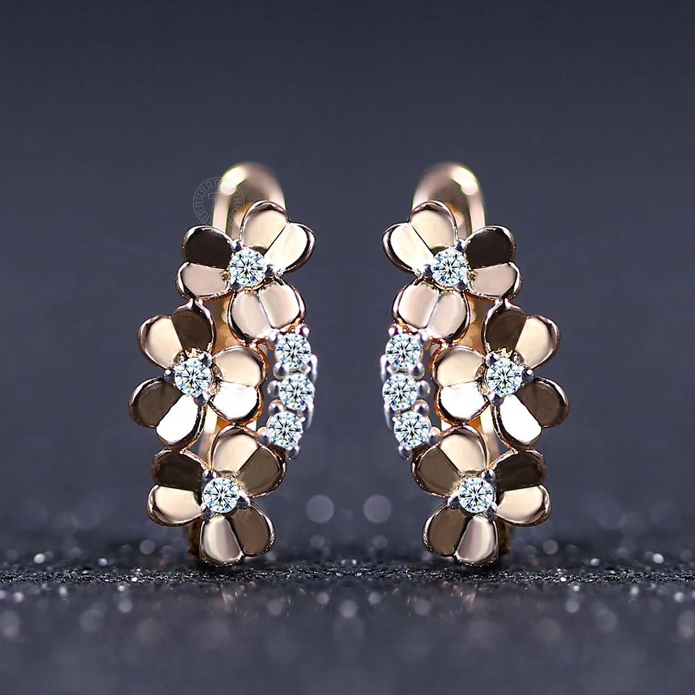 585 Rose Gold Clovers Stud Earrings For Women Girl Cubic Zircon Flower Hanging Dangle Trend Wedding Jewelry Gift GE300 | Украшения и