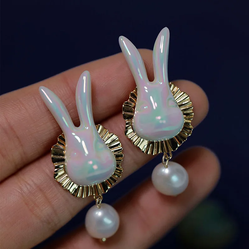 

Origin Summer Statement Irregular Metal Rabbit Simulation Pearl Dangle Earring for Women Delicate Earring Jewelry Pendientes