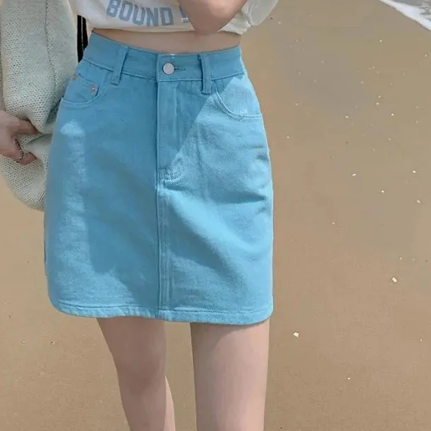 

half-length summer female thin section high waist slimming retro student solid color hip A-line denim harajuku skirt