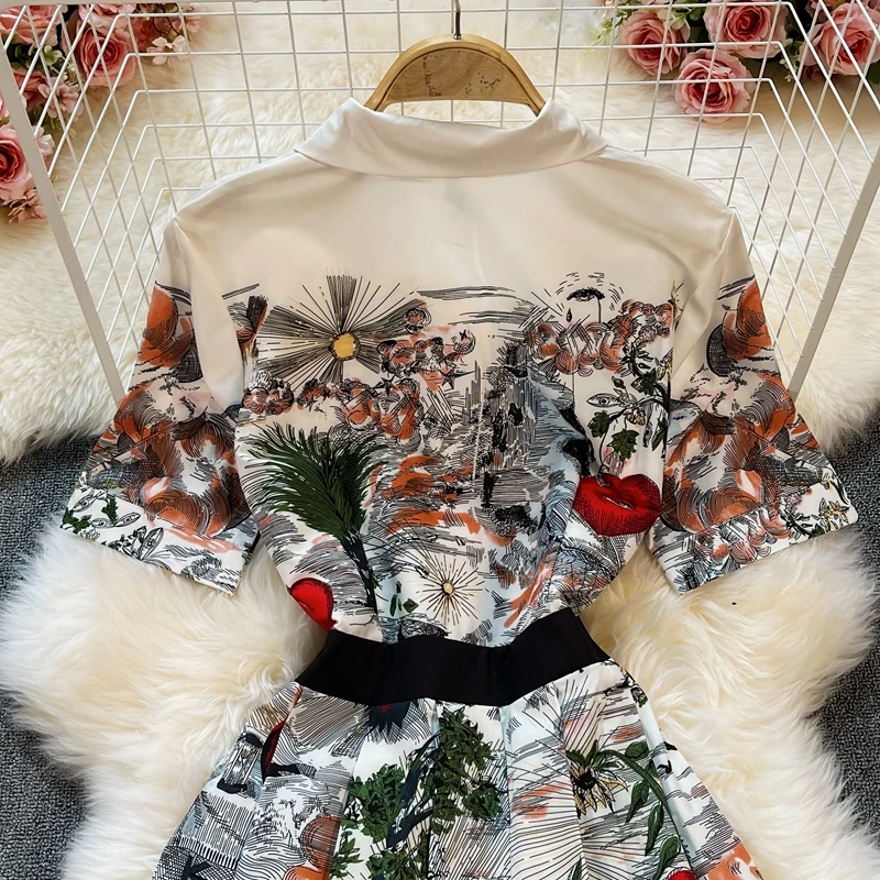

2021 summer new elegant temperament commuter a-line shirt skirt waist slimming retro print big swing dress
