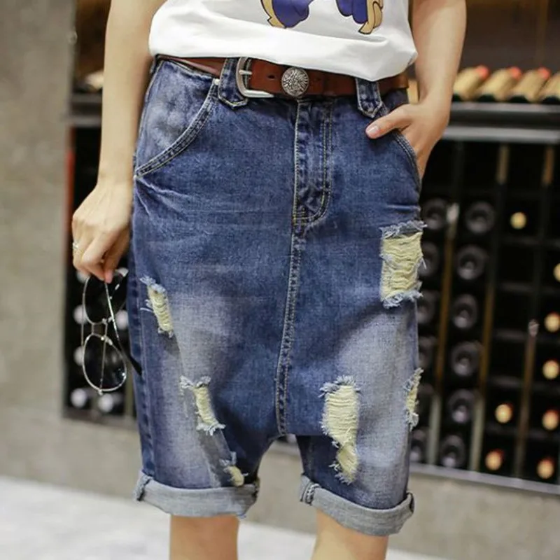 

Women Denim Cross-pants Fashion Low Drop Crotch Short jeans Hip hop punk style Baggy Harem shorts Ripped Sagging Cowboy shorts