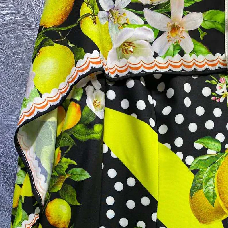 

SEQINYY Fashion Runway Dress 2020 Spring Autumn New Women Design Dot Lemon Fruit Flowers Print Appliques Bead Mini Dress