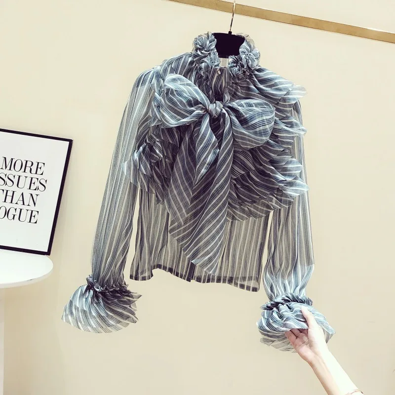 Женская шифоновая рубашка в полоску с длинным рукавом свободная блузка рюшами и