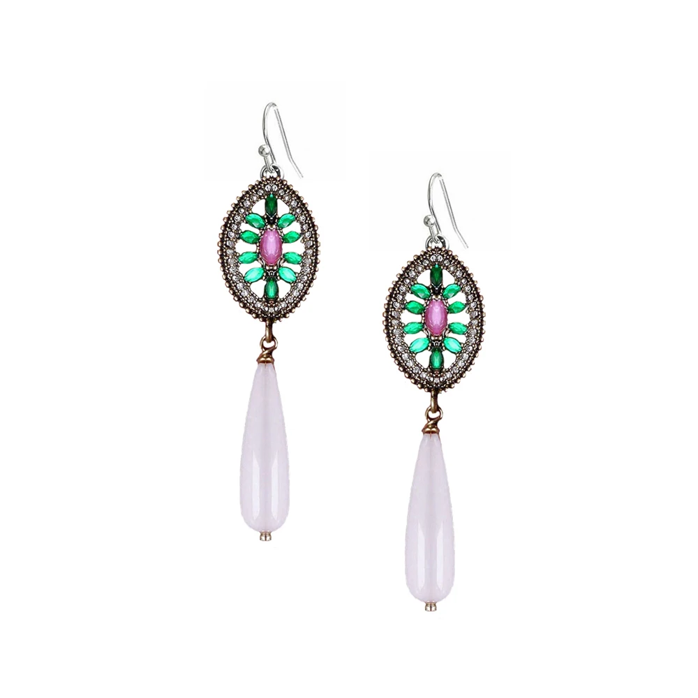 

Vintage Round Flower Green Crystal Zircon Hollow Woman Long Earrings Pearl Pendant Water Drop Hanging Earrings Jewelry Gift
