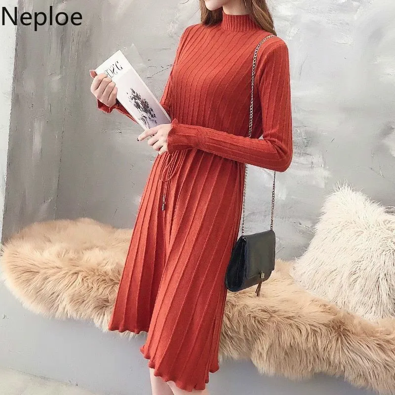 Neploe/корейское осенне зимнее стильное свободное шерстяное платье со шнуровкой и