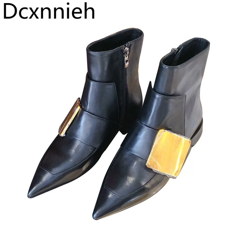 

Pointed Toe Ankle Boots For Women Gold Buckle Knight Boots Woman Genuine Leather Flats Boots Runway Shoes Women Short Boots 2021