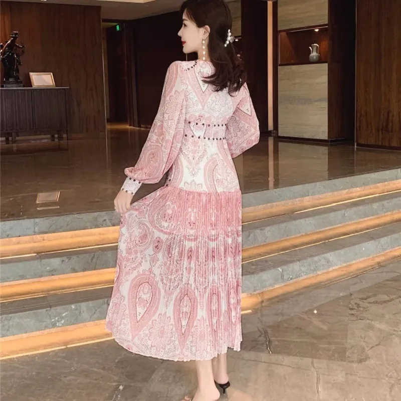 

CBAFU pink embroidery rivet long dress runway designer lantern sleeve pleated dresses party maxi vestidos new spring M148