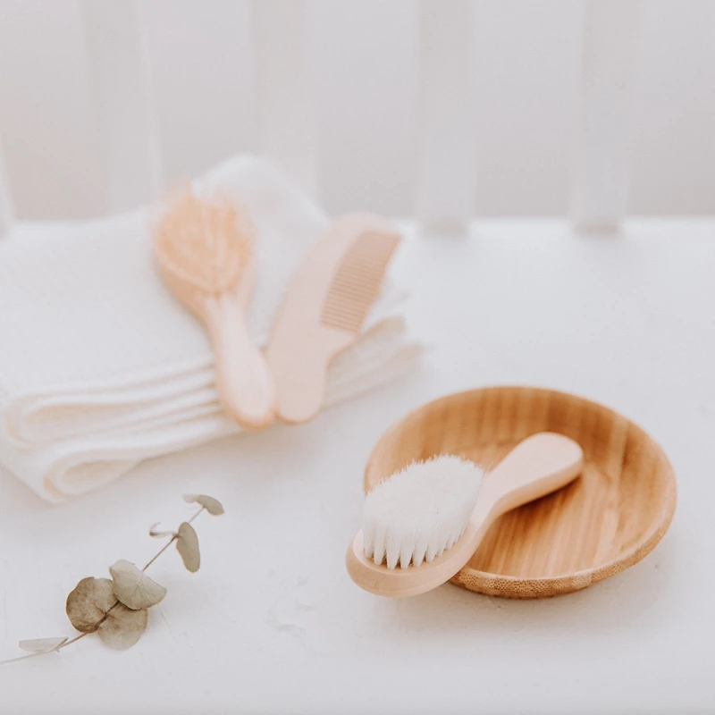 

Custom Baby HairBrush Set Natural Wooden Comb Soft Wool Newborn Bath Care Personalized Infant Head Massager Baby Girl's Gifts