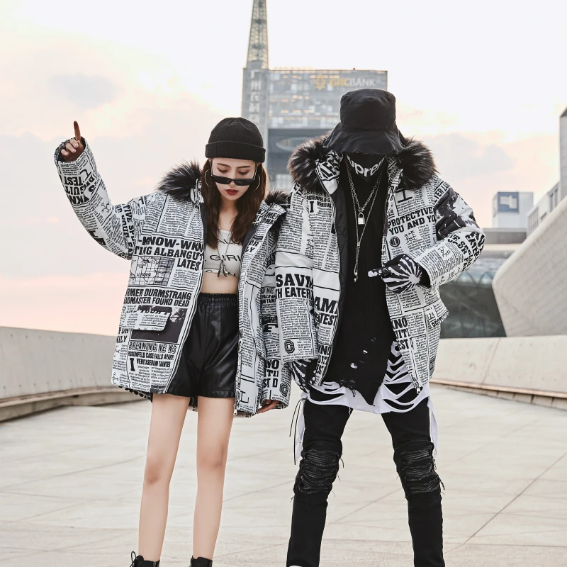 Парка мужская с принтом газет в стиле хип-хоп зимняя пуховая куртка мехом теплая