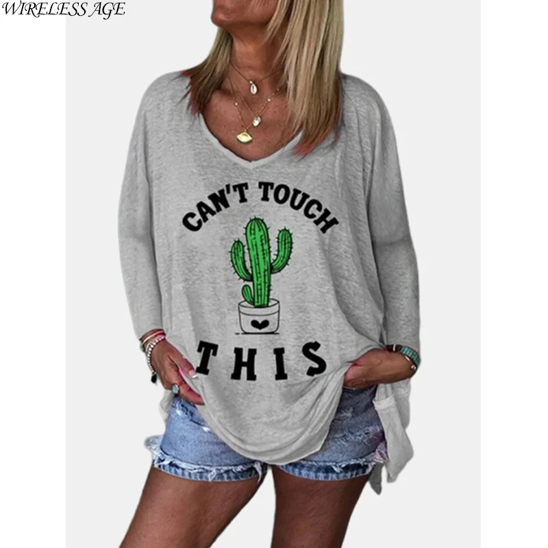 

WIRELESS AGE T Shirt Women Long Sleeve Round Neck Cactus Letter Printed Loose Commute Women's Tops 2021 New Summer Fashion Wild