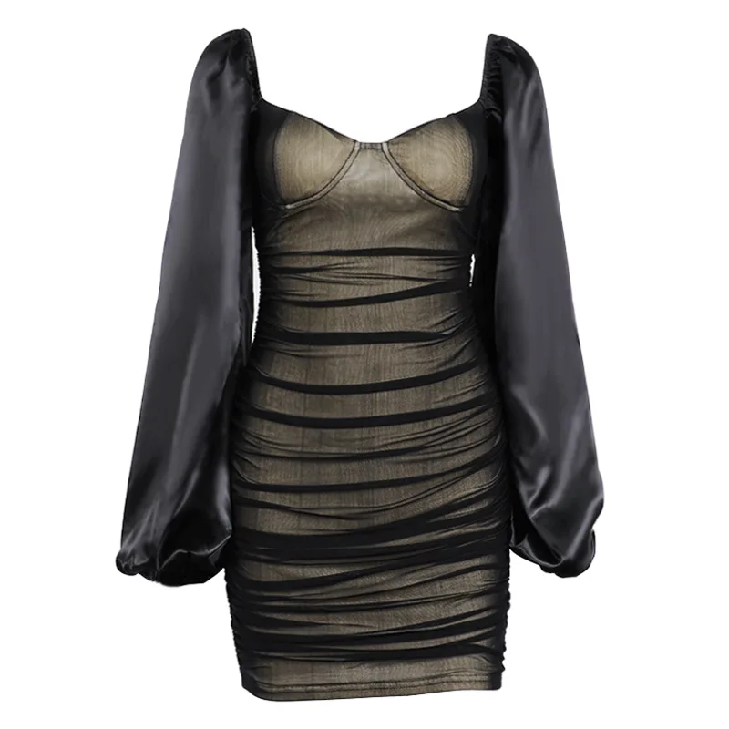 

2021 Summer Dress Sexy Women's Square Neck Lantern Sleeve Mesh Pleated Short Skirt Dress