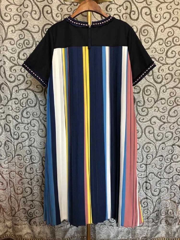 

High Quality Cotton 2020 Spring Summer Women O-Neck Hand Made Beading Colorful Striped Print Patchwork Short Sleeve Dress