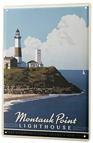

Tin Sign Decor Plaques Globetrotter Montauk Point NY Metal Plate 8X12