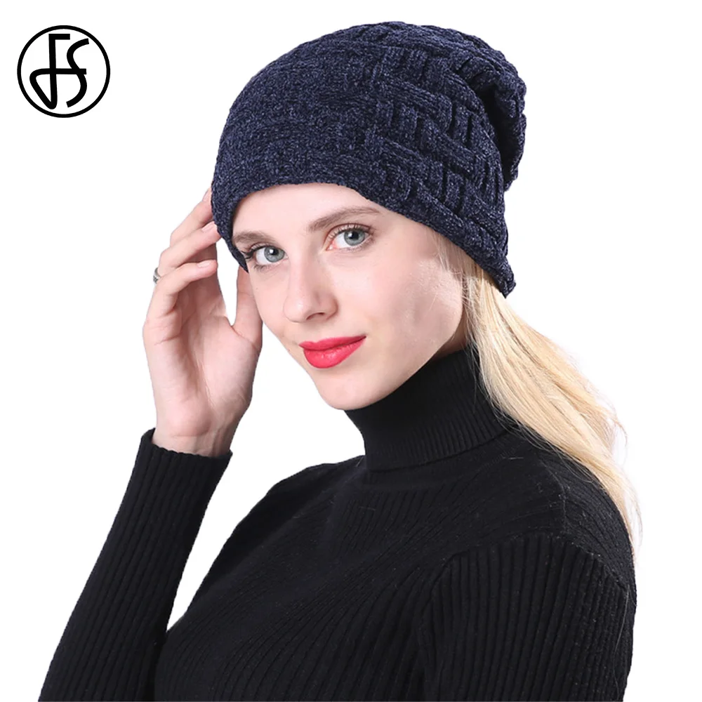 FS модные вязаные Slouchy Beanie Зимние шапки для мужчин толстые и теплые женщин синий