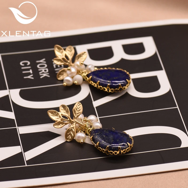 XlentAg Natural Fresh Water Baroque Pearl Drop Earrings Women Plant Leaves Dangle Earrings Luxury Handmade Fine Jewelry GE0308