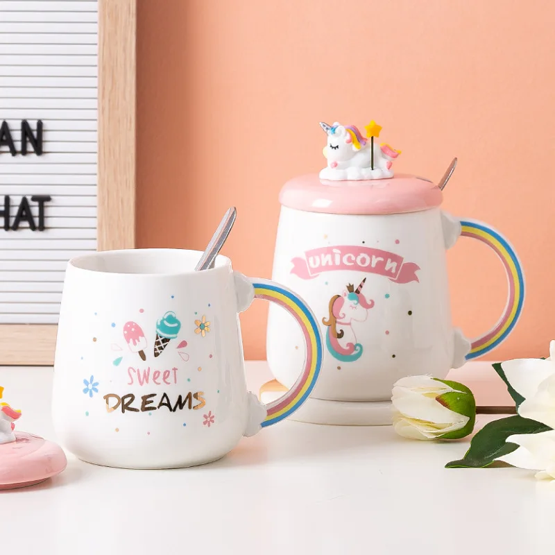 

Cartoon Mug Unicorn Office Creative Personality Water Cup 450ml with Lid Spoon Girl Coffee Ceramic Cup Holiday Gift Couple Cup