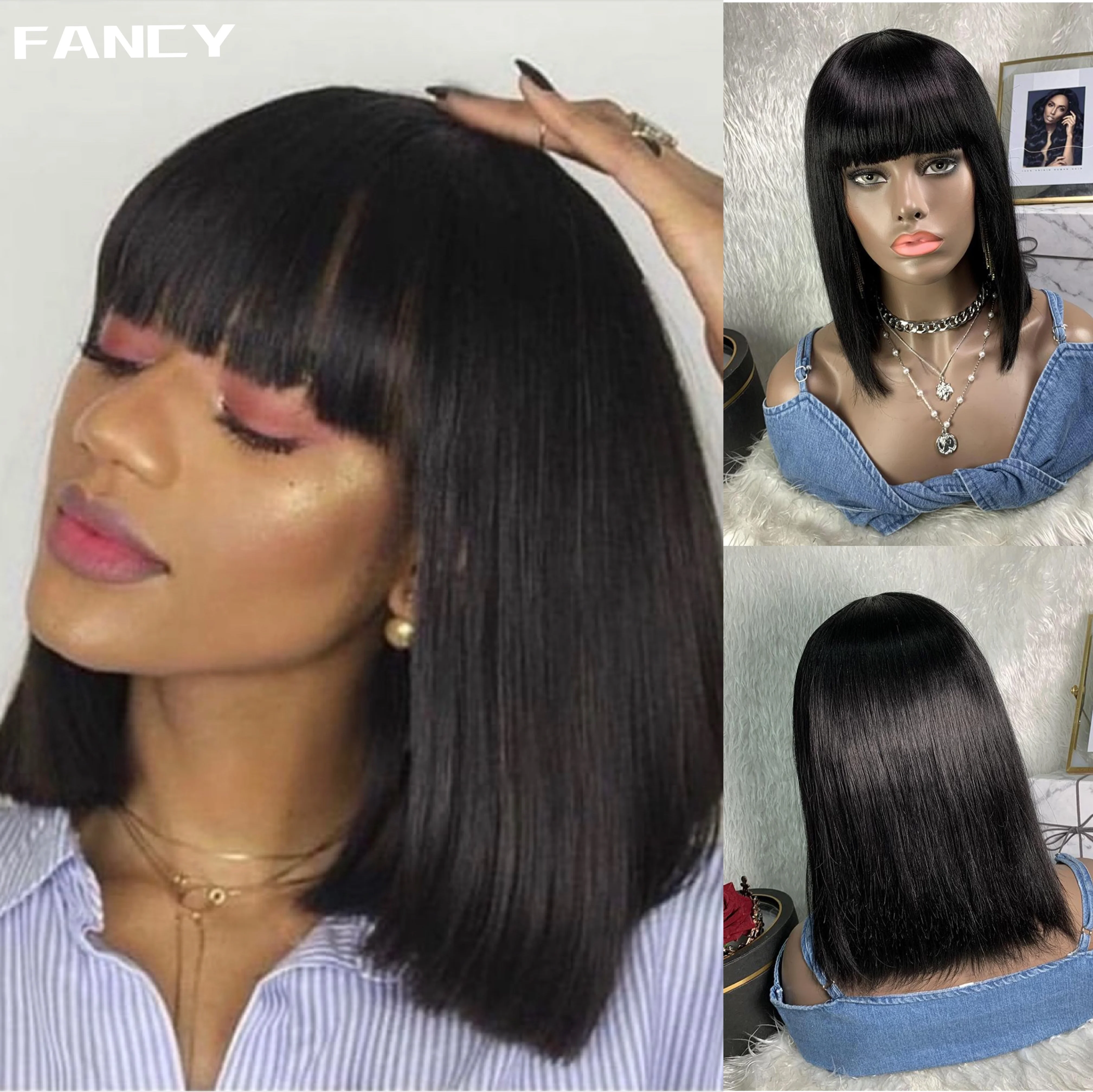 

FancyHair Short Bob Straight Wigs With Bangs Human Brazilian Hair Machine Made Natural Color for Black Women