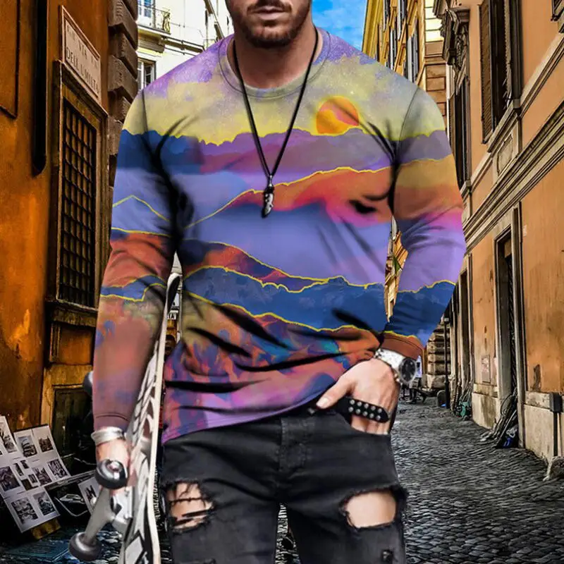 

Мужская футболка digimon, осень 2021, брендовая печать, природный пейзаж, рассвет, листья, 3D печать, круглый вырез, длинные рукава, футболка, топ