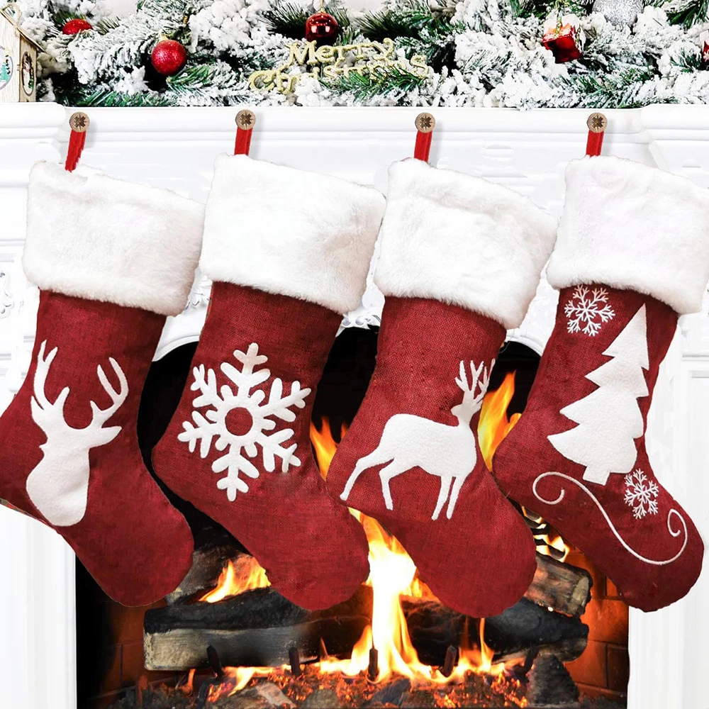 

Elk Stockings Bag Embroidery Kids Storage Bag 46*20cm Red Gift Bag Gift Ornament Merry Christmas Decorations For Home 2022
