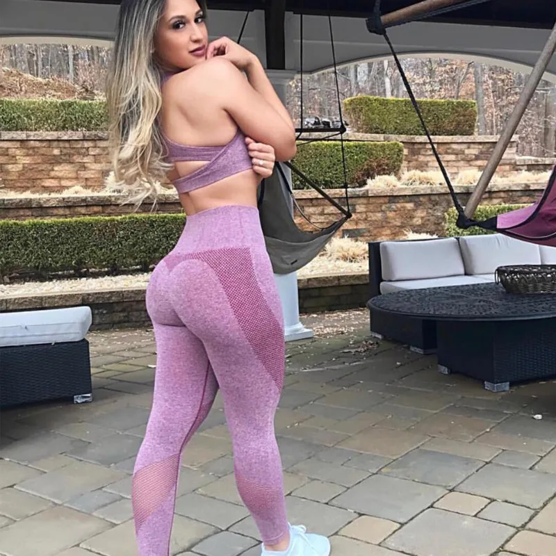 

Women 2pcs Seamless Yoga Set Sexy Breathable Sport Suits Tracksuit Crop Top + High Waist Leggings 2 Piece Set Gym Fitness Wear