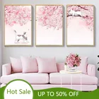 WTQ розовый кошка, японский цветок вишни, пейзаж, настенное искусство, холст, живопись, постеры, принты, домашний декор для детской комнаты, украшение
