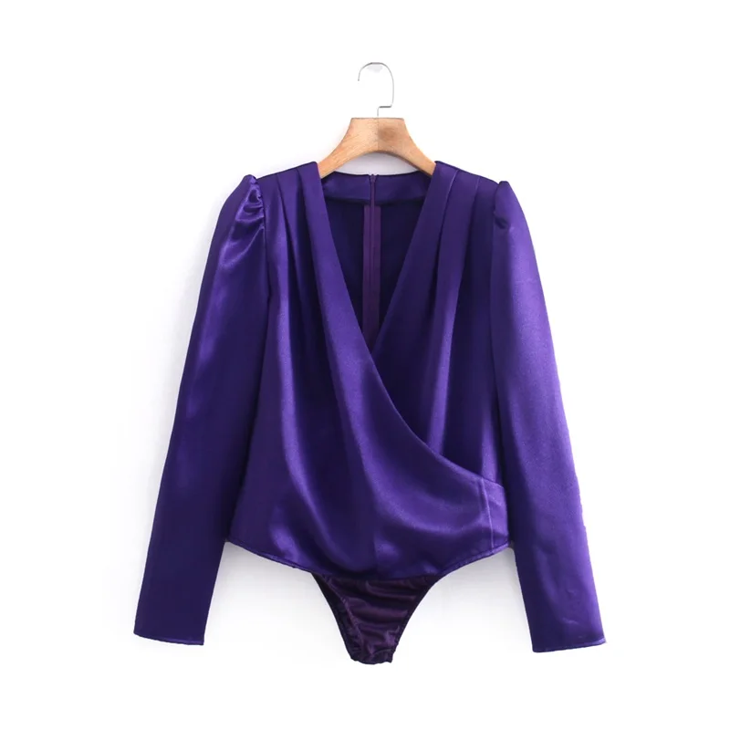 

TRAF Women 2021 Fashion Purple With Shoulder Pads Shirt Style Slim Playsuits Vintage Long Sleeve Female Jumpsuits Streetwear