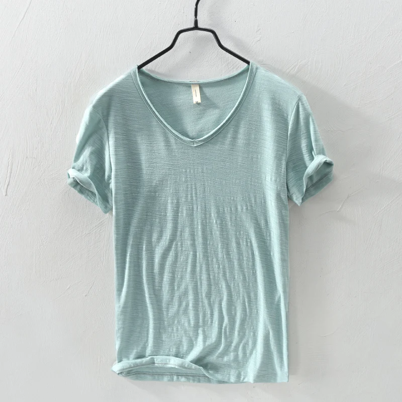2020 Summer New 100% Cotton T-shirt Men V-neck Solid Color Casual T Shirt Basic Tees Plus Size Short Sleeve Tops Y2449 | Мужская одежда