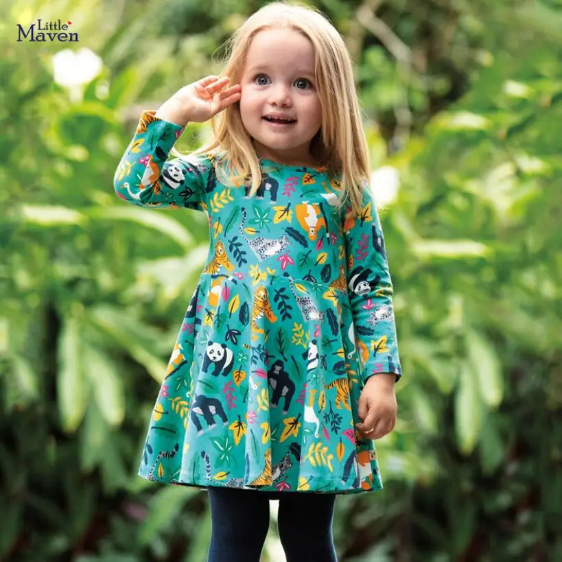 

Little maven kids brand autumn children's dress baby girl clothes Cotton leaf animal print toddler girl green dresses S0828
