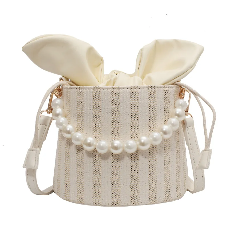 

Cylindrical Weave Designer Shoulder Bags for Women 2021 Scarf Bow Female Crossbody Bag Pearl Beaded Chains Luxury Brand Handbags