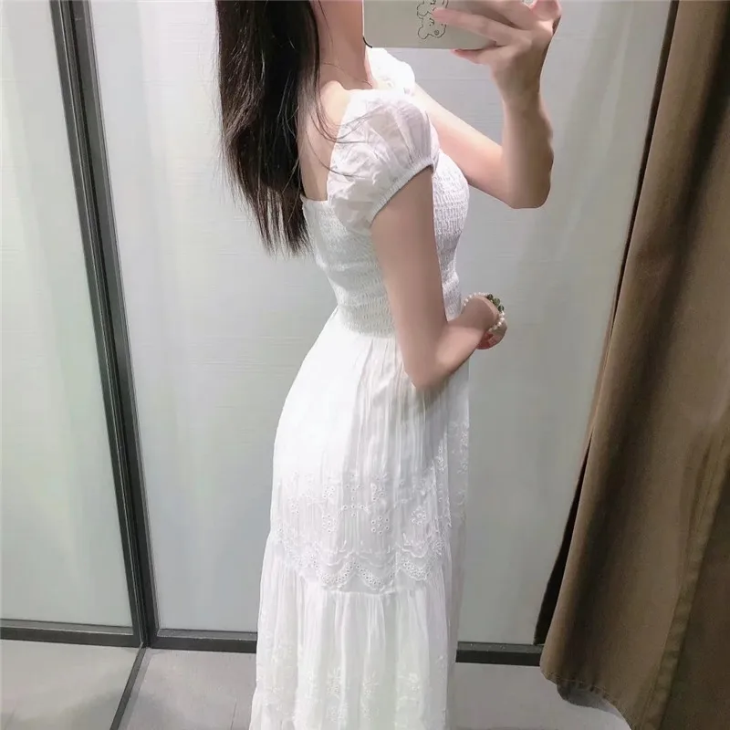 

NWOMN Za Women White Dress Woman Summer 2021 Embroidery Cut Out Dress Women Ruched Ruffle Midi Short Puff Sleeve Dresses