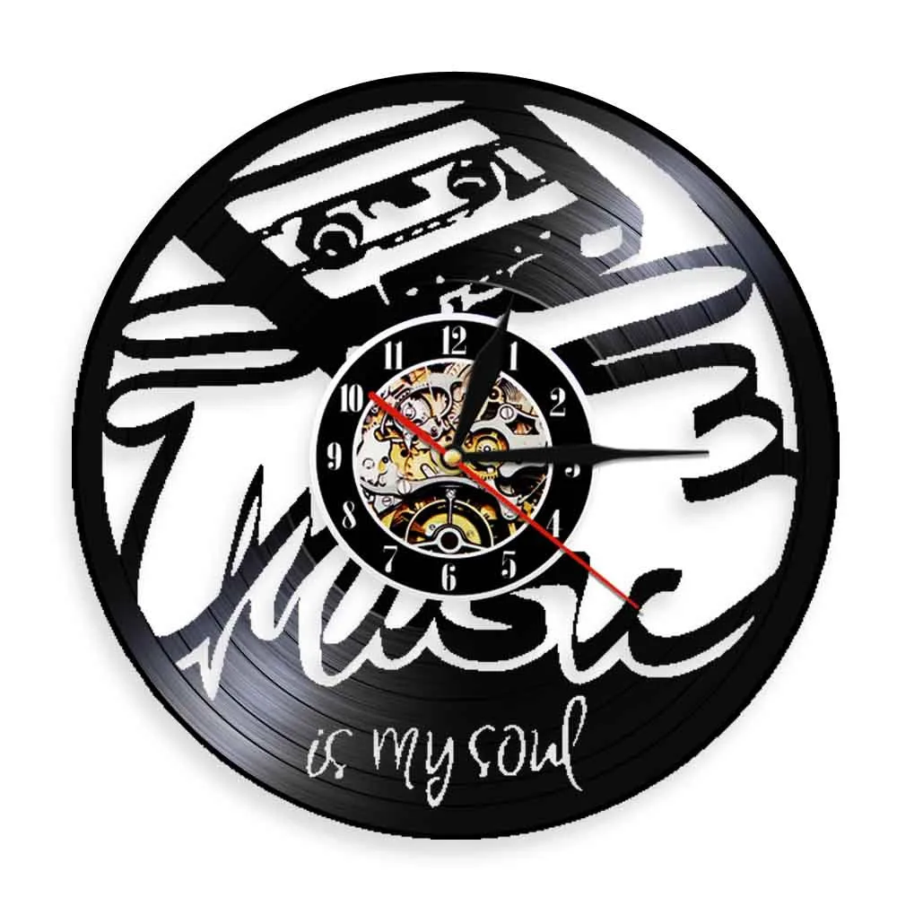 

Music Is My Soul Inspirational Quote Vinyl Record Wall Clock Vintage Magnetic Tape Cassette Hanging Watch Audio Home Decor
