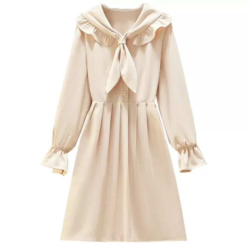 

2021 Spring and Autumn New Women's Chiffon Sexy Mini Dress Long Sleeve Baby Collar Bow Solid Color A-Line Skirt High Waist