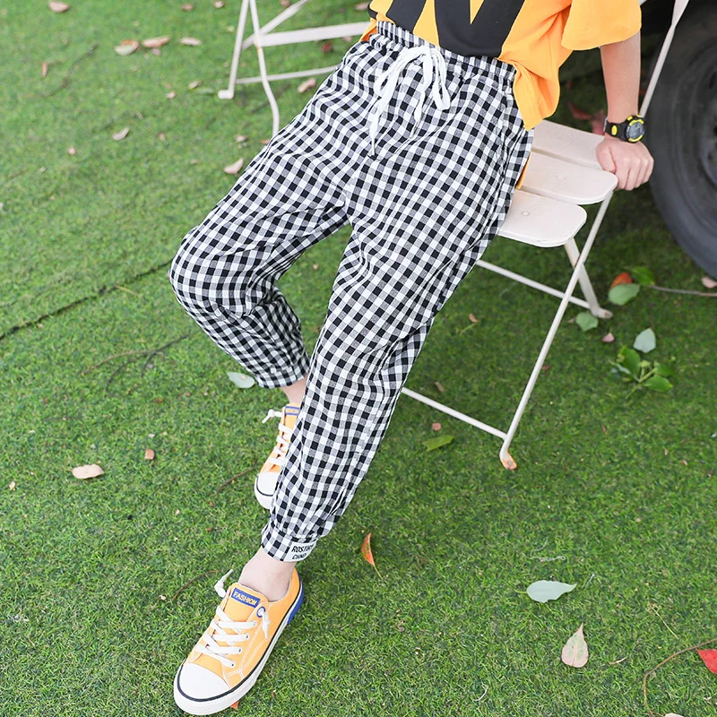 

Summer Korean Plaid Pants for Boys Fashion Retro Casual Pants Kids Streetwear Loose Hip Hop Straight Teenagers Trousers 10 To 12
