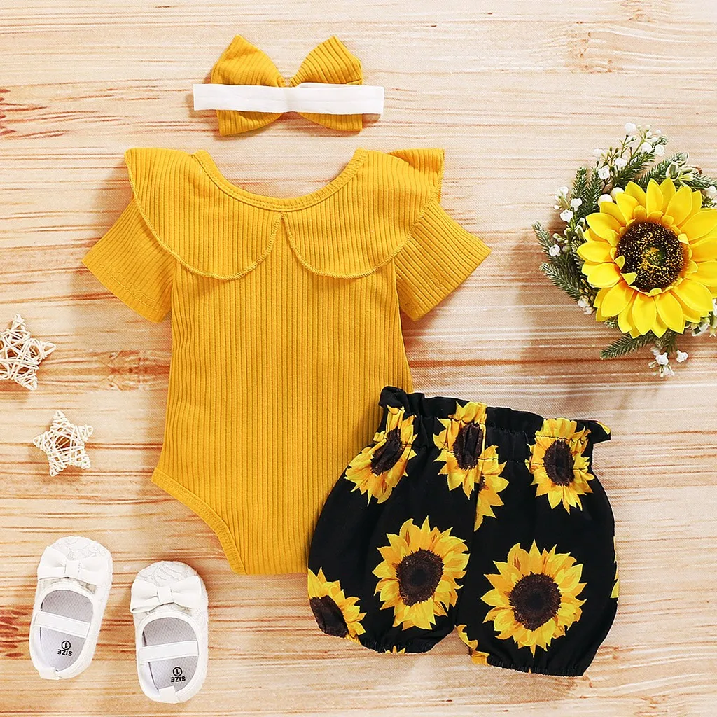 

TELOTUNY baby clothes Toddler Baby Girl cotton Knitted Short Sleeve Romper+Floral Shorts+Bow Headband Set baby romper summer2020