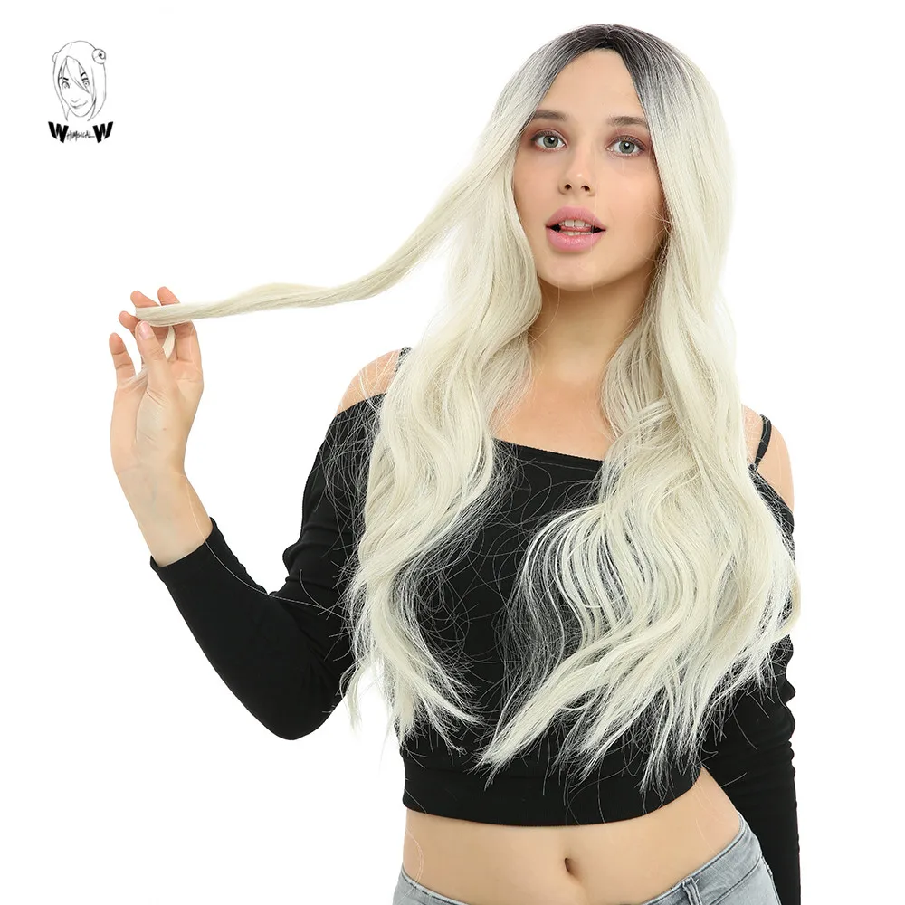 

Чудесные W длинные волнистые черные парики светлого цвета натуральные средние части термостойкие волосы синтетический парик для женщин