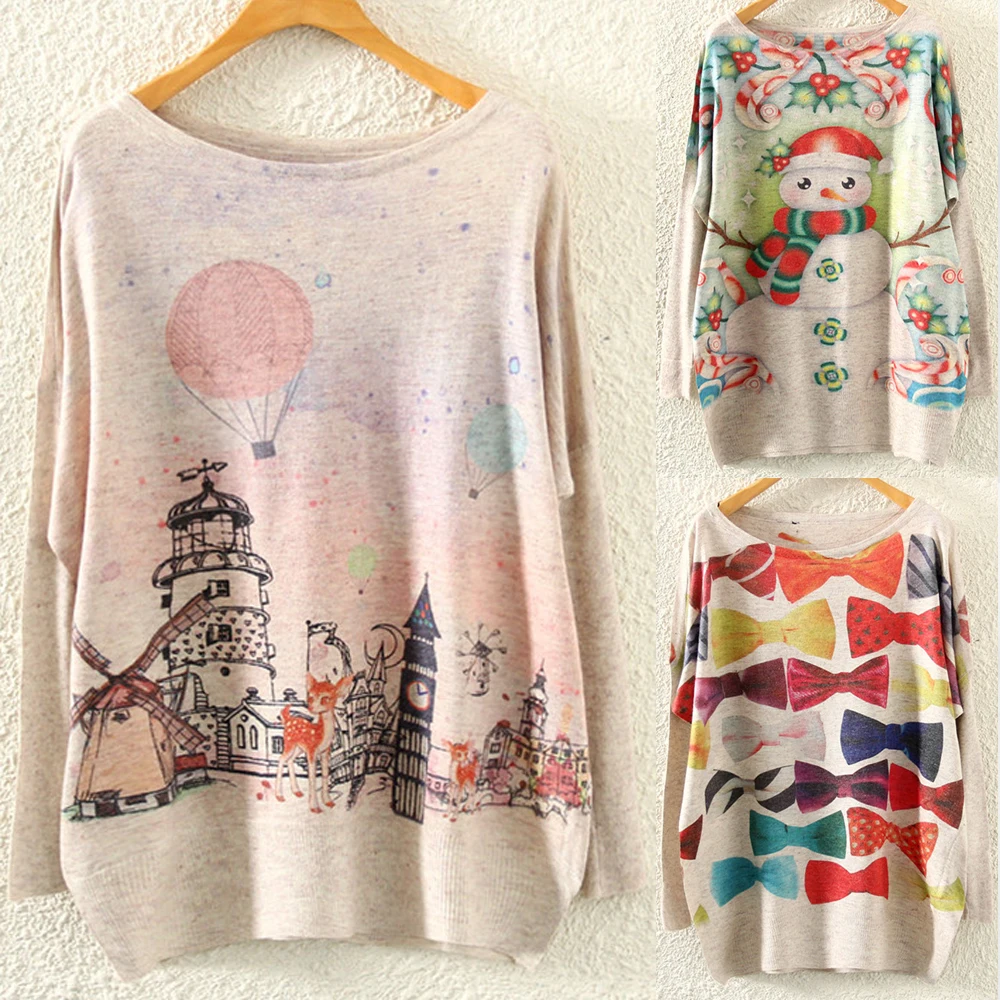 

Artguy Spring Autumn Sweaters Batwing Sleeve Christmas Print Pullover Jumper Casual Loose Santa Claus Knit Women Sweater