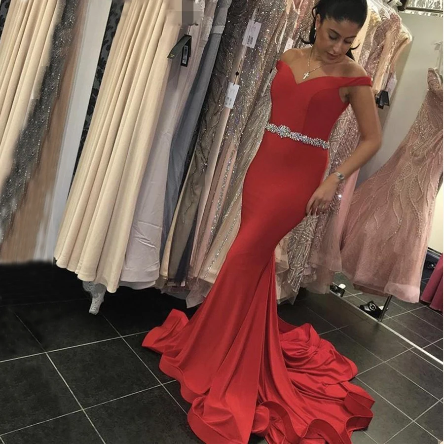 

Mermaid Off The Shoulder evening v neck Court Train Satin Crystal Beaded Sash Prom Dresses Red Mermaid Party Gowns For Women