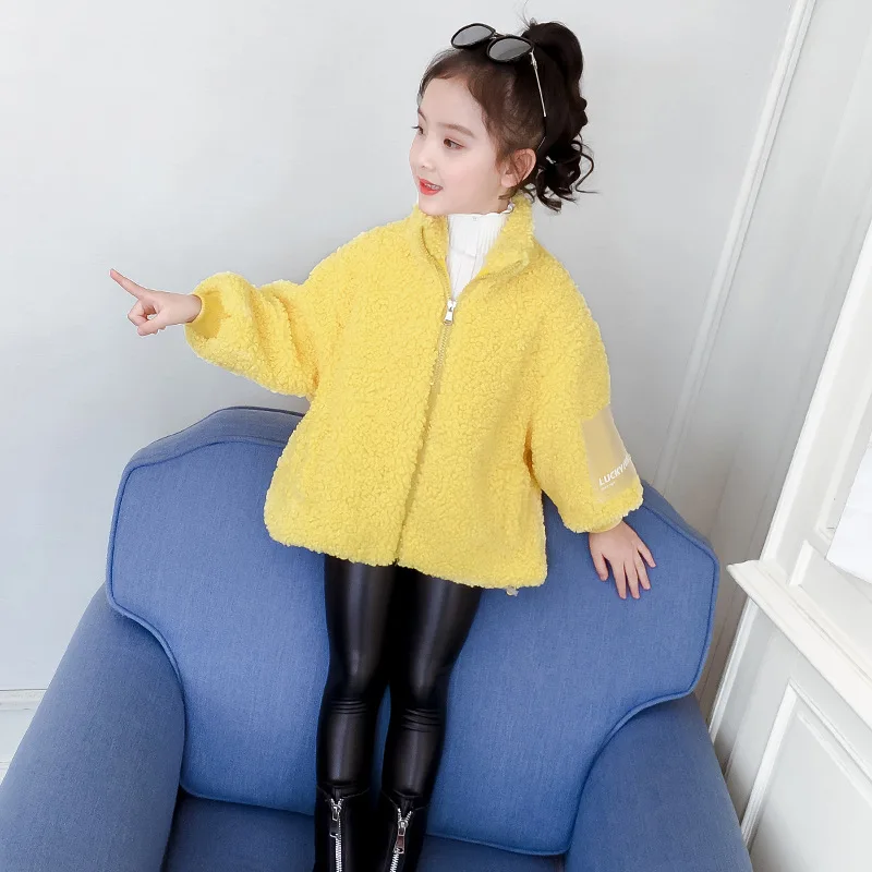 Yellow Зимние махровые куртки для девочек; детский утепленный кардиган; Верхняя одежда; однотонная одежда с воротником-стойкой на молнии; Повседневные детские пальто для малышей - Цвет: Yellow