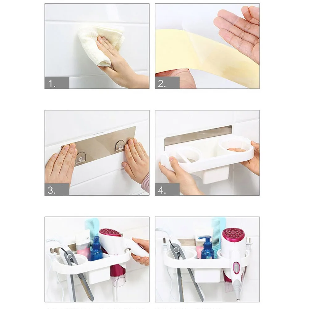 multifunction bathroom storage hair dryer holder shower organizer self adhesive wall mounted plastic shelf shampoo straightener free global shipping
