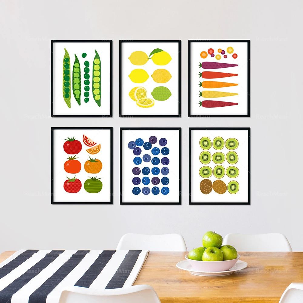 

Pop art fruit and vegetable kitchen poster, vegetarian food, lemon tomato, grape, radish decoration modern kitchen art gourmet g