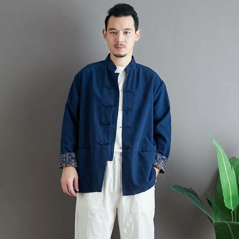 

Мужская рубашка в китайском стиле с воротником-стойкой из хлопка и льна, Повседневная рубашка с длинным рукавом, пальто, мужская рубашка Kong ...